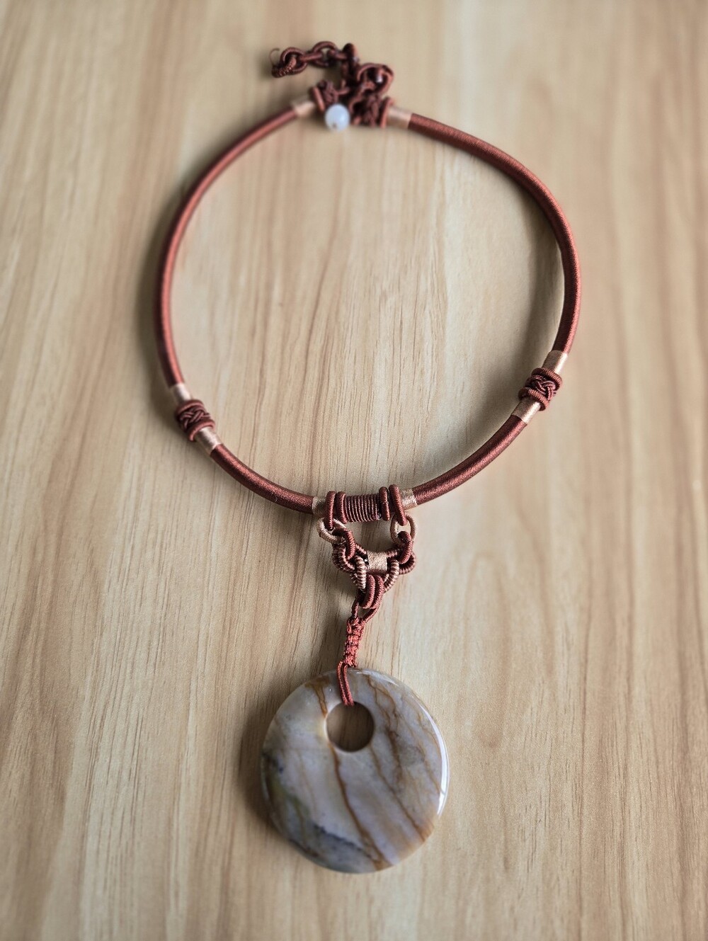 Natural Red Creek Jasper Bi Pendant Chinese Woven Silk Necklace Good Fortune